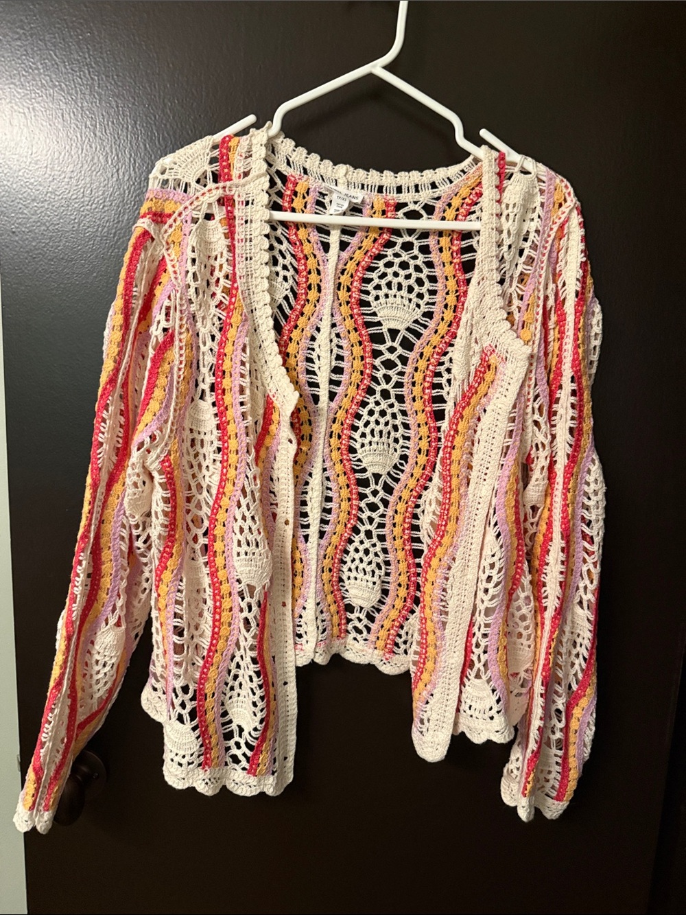 Tribal Crochet Openwork Cardigan - Cream with Pink & Yellow Stripes.